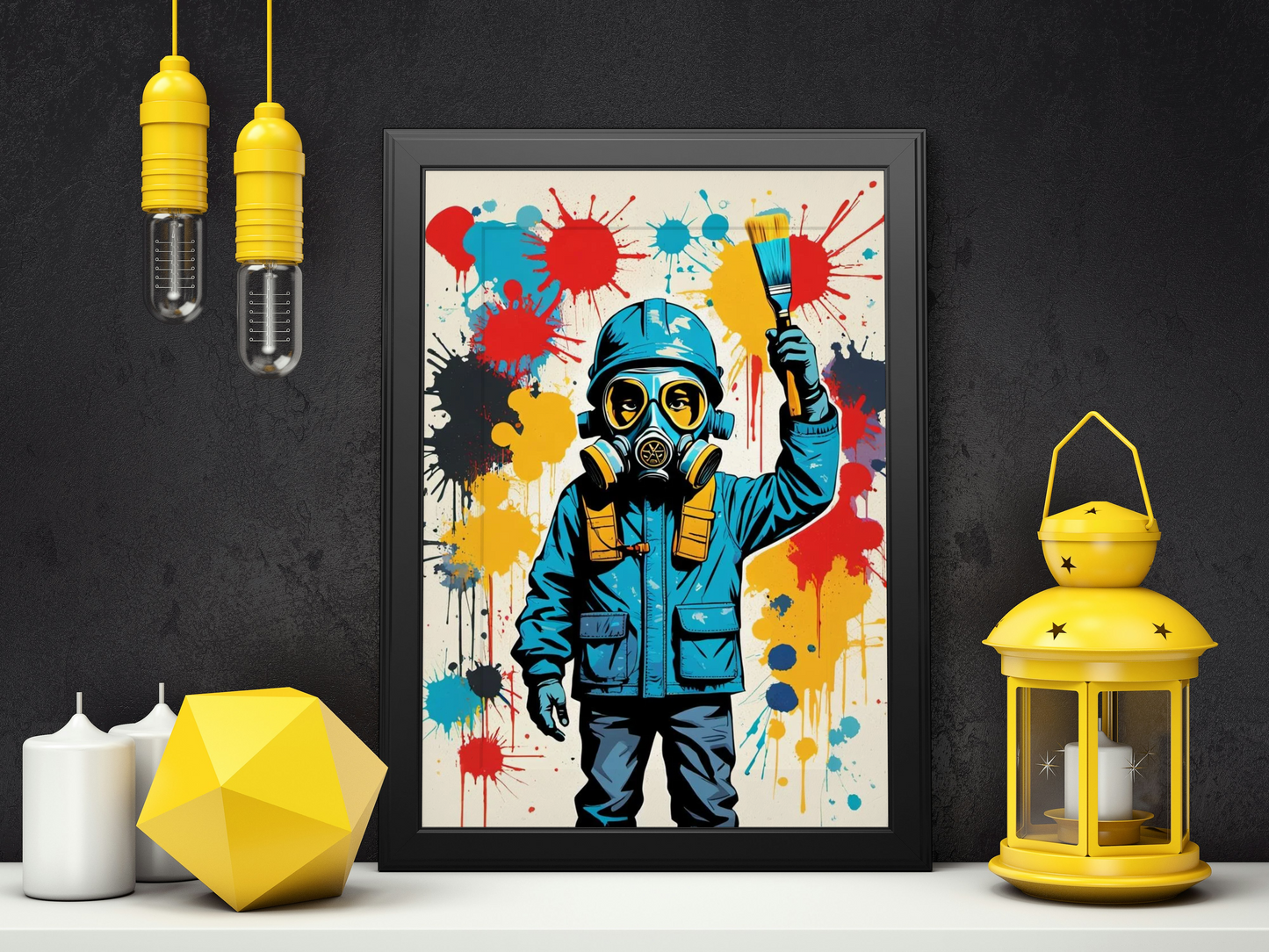 The Power of Art: Banksy-Inspired Urban Creator with Gas Mask & Paint Splatters AI Art Print