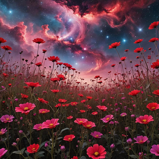 Cosmic Bloom: Celestial Poppies in a Starlit Nebula Field - AI Art Print