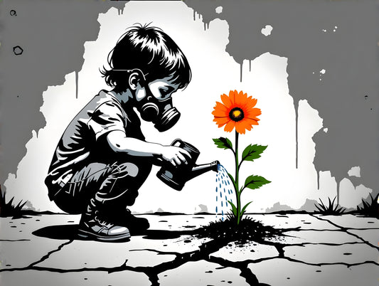 Nurturing Hope: Banksy-Inspired Child with Gas Mask Watering Flower Digital Art Print