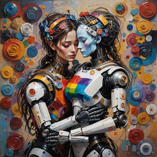 Whimsical Robot Love AI Art - Colorful and Detailed Digital Print