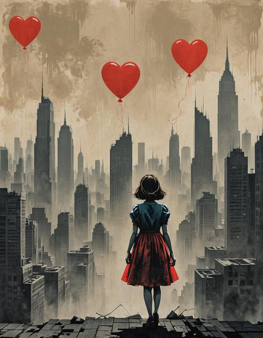 Longing for a Brighter Future: Banksy-Inspired Hope Amidst the Urban Landscape AI Art Print