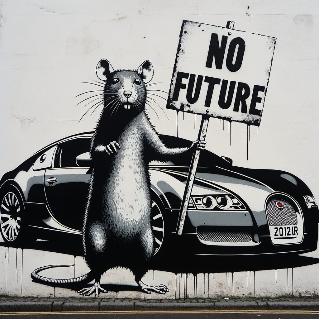"No Future" Dystopian Banksy-Inspired AI Art Print - Protest Rat & Luxury Car Wall Art