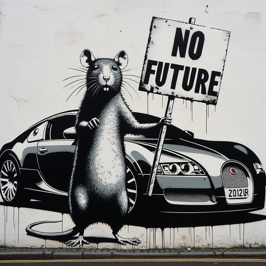 "No Future" Dystopian Banksy-Inspired AI Art Print - Protest Rat & Luxury Car Wall Art