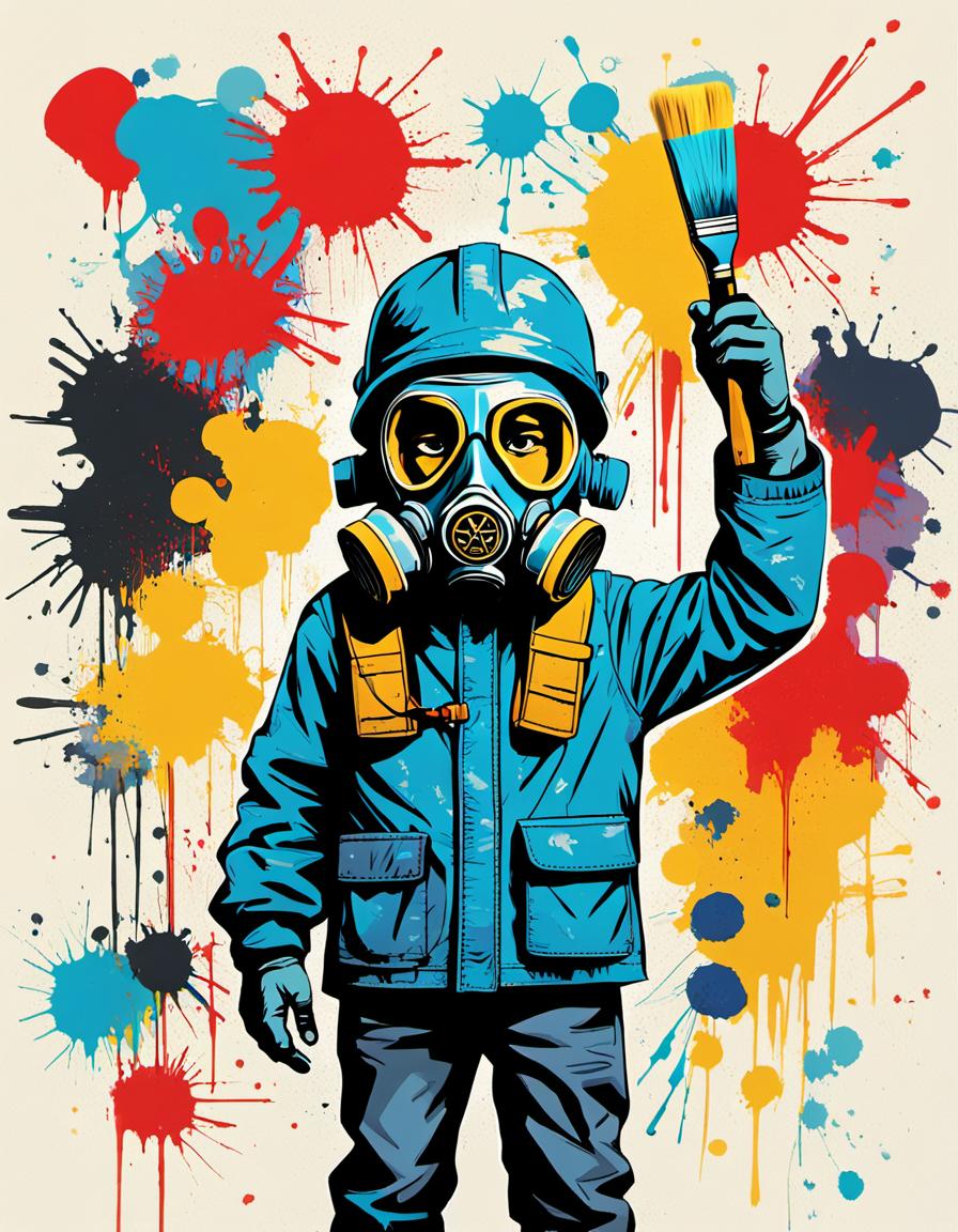 The Power of Art: Banksy-Inspired Urban Creator with Gas Mask & Paint Splatters AI Art Print