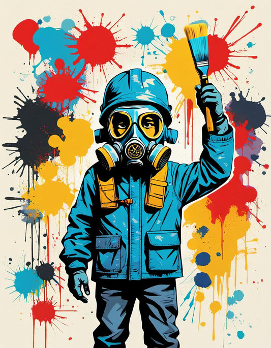 The Power of Art: Banksy-Inspired Urban Creator with Gas Mask & Paint Splatters AI Art Print