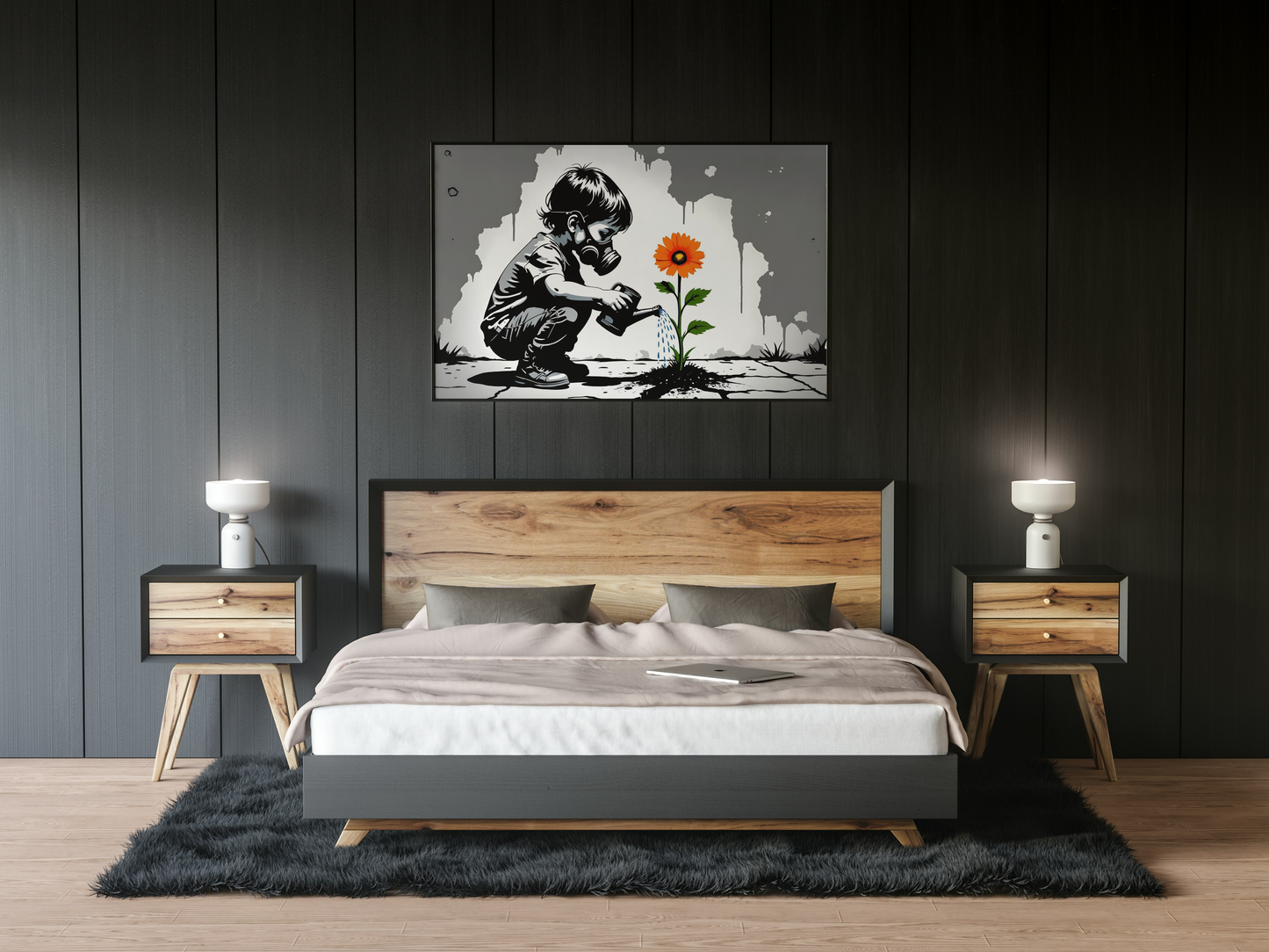Nurturing Hope: Banksy-Inspired Child with Gas Mask Watering Flower Digital Art Print