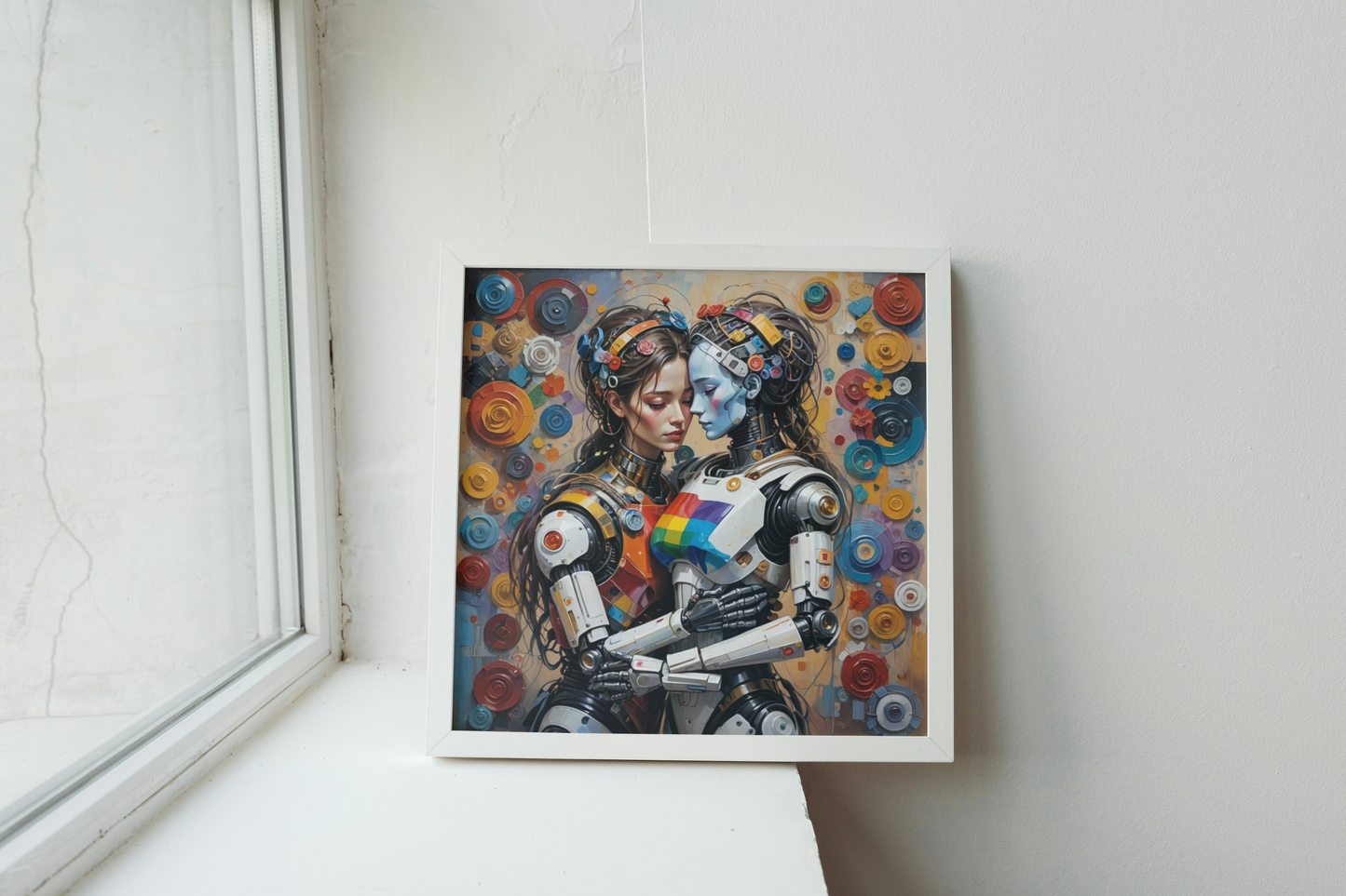 Whimsical Robot Love AI Art - Colorful and Detailed Digital Print