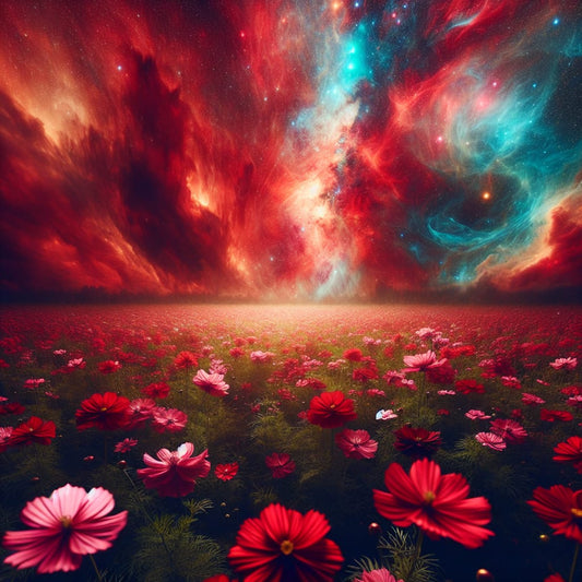 Crimson Cosmos Field Under a Celestial Sky