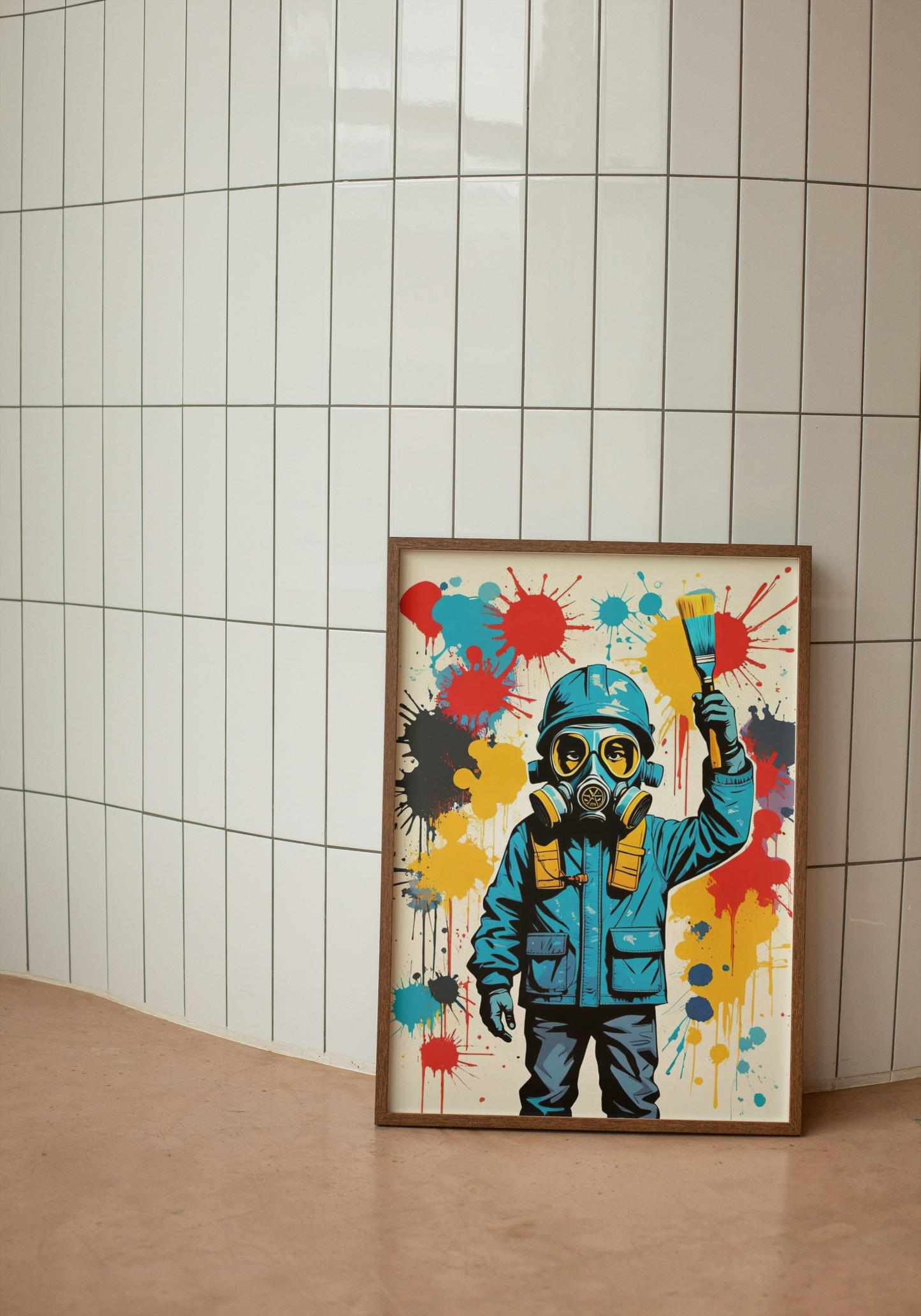 The Power of Art: Banksy-Inspired Urban Creator with Gas Mask & Paint Splatters AI Art Print