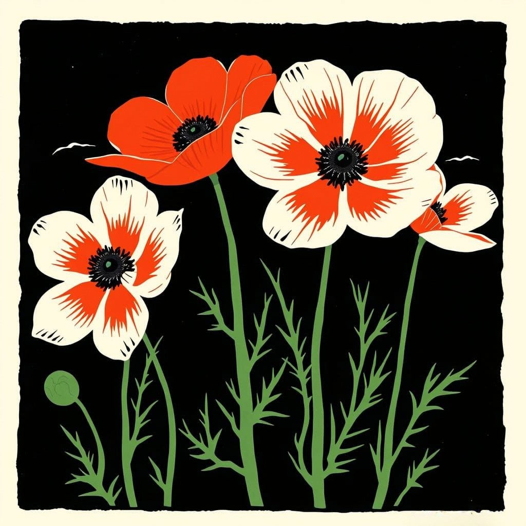 Striking Red and White Poppy Linocut Print - Botanical Floral Art