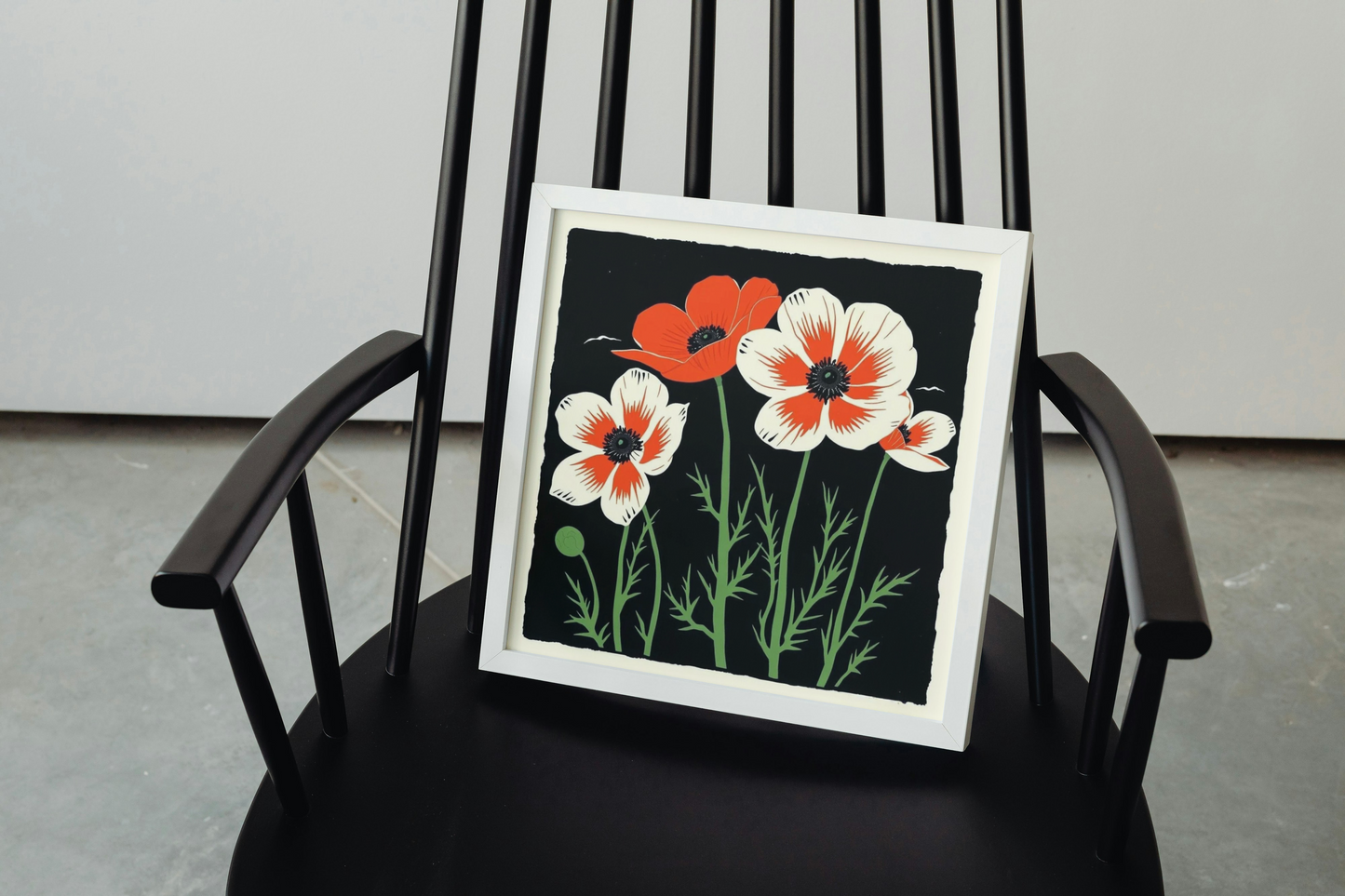Striking Red and White Poppy Linocut Print - Botanical Floral Art