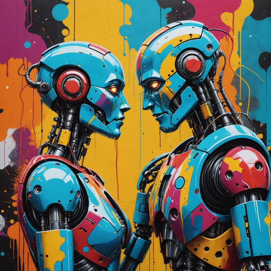 AI Robot Love Digital Art Print - Colorful Futuristic Couple Wall Decor