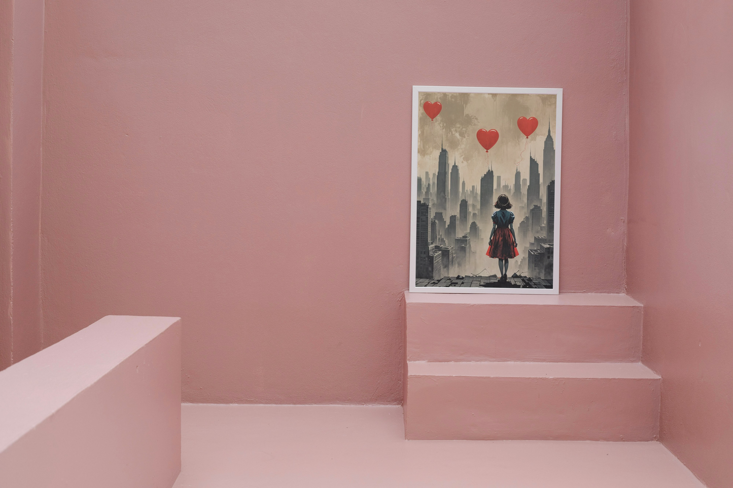 Longing for a Brighter Future: Banksy-Inspired Hope Amidst the Urban Landscape AI Art Print